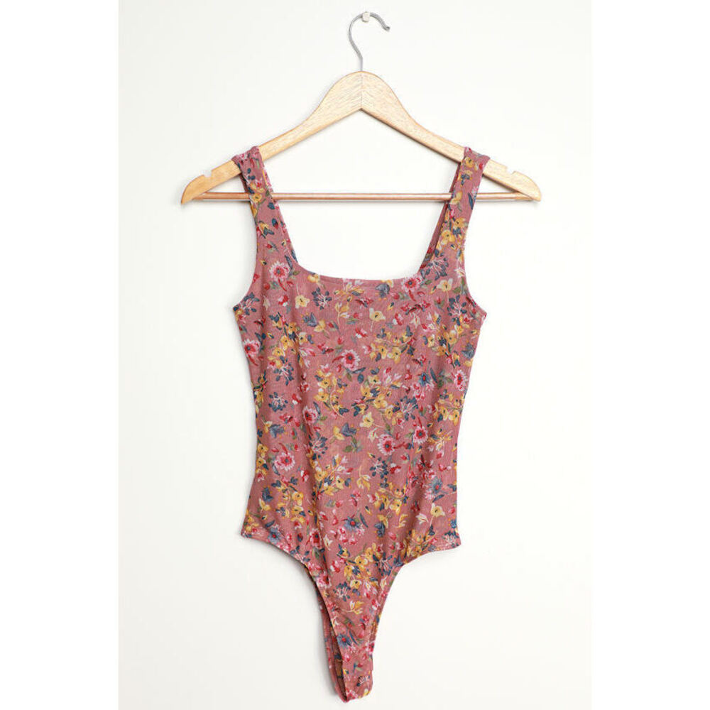 Lulus Love In The Garden Mauve Floral Print Mesh Bodysuit Pink - Size L